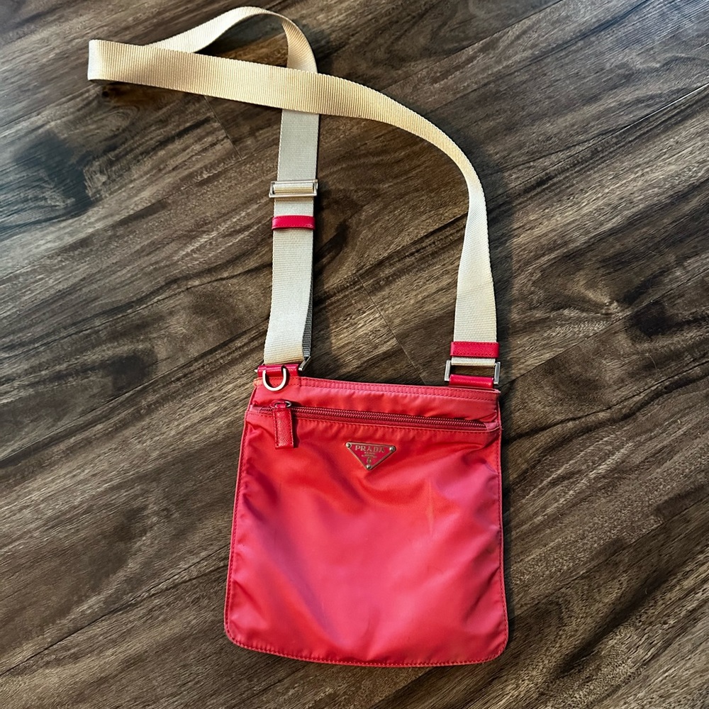PRADA pink nylon crossbody with tan strap